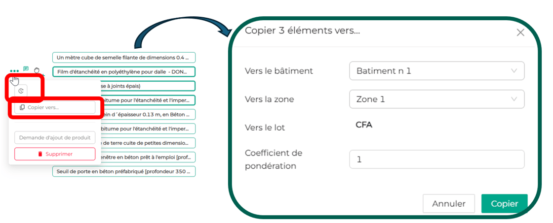 Menu « Copier vers... » et fenêtre de copie des lignes sélectionnées