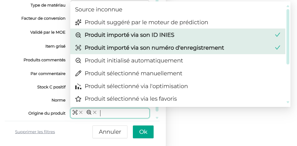 Filtre « Origine du produit » avec la liste des sources